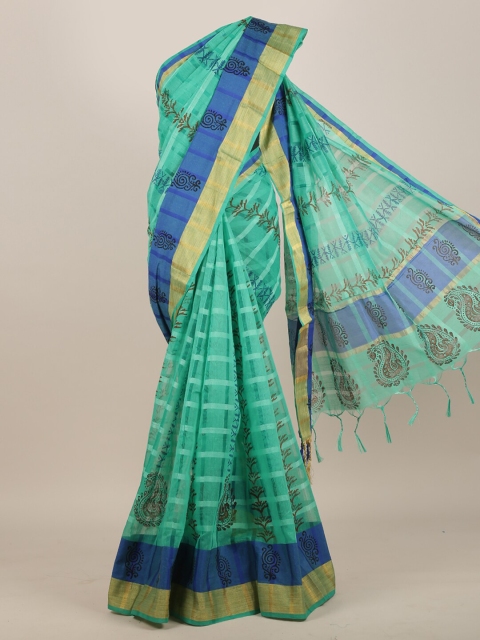 

Pothys Sea Green & Blue Ethnic Motifs Zari Cotton Blend Saree