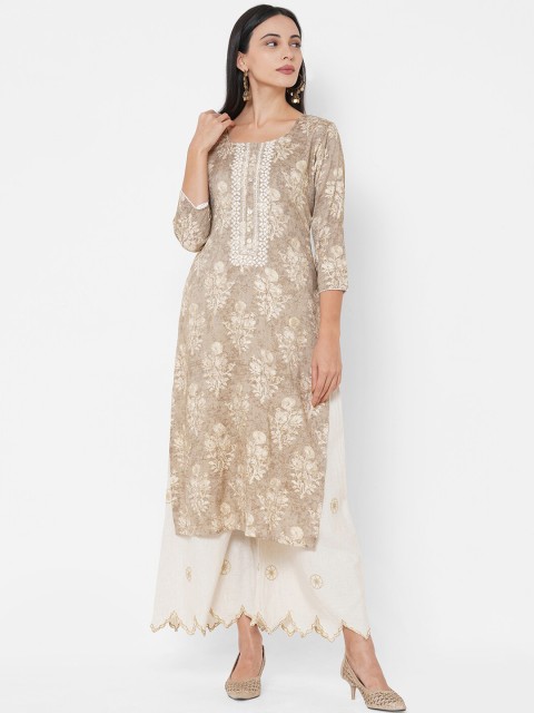 

FASHOR Women Beige Floral Printed Thread Work Straight Kurta