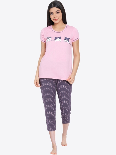 

Kanvin Women Pink & Purple Printed Pure Cotton Night Suit