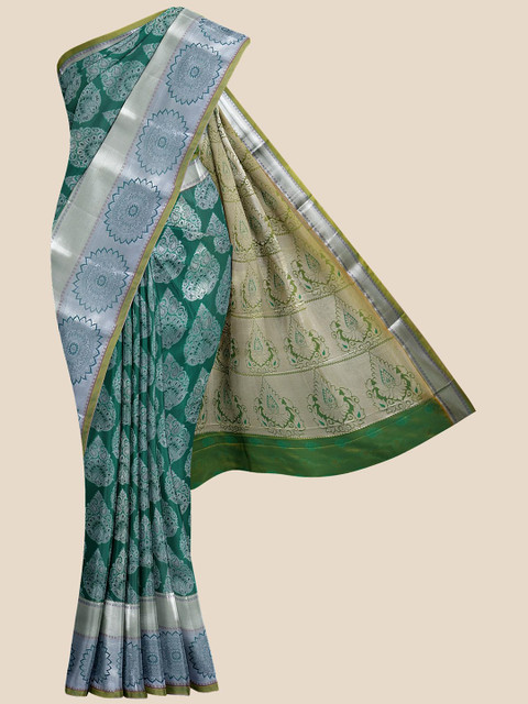 

Kalamandir Green & Silver-Coloured Ethnic Motifs Zari Silk Blend Kanjeevaram Saree
