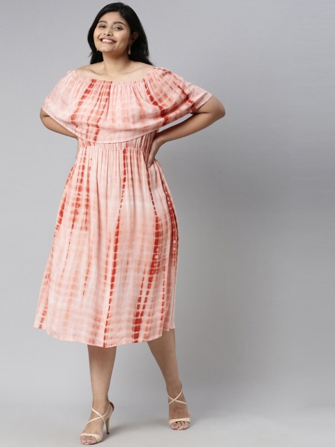 

The Pink Moon Women Rust Tie and Dye Off-Shoulder Midi Dress