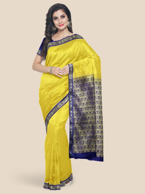 

KLM Fashion Mall Yellow & Blue Ethnic Motifs Zari Silk Blend Kanjeevaram Saree