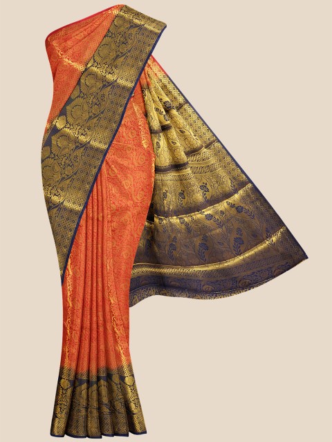 

Kalamandir Red & Navy Blue Floral Zari Silk Blend Banarasi Saree