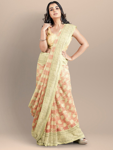 

BharatSthali Peach & Gold-Toned Woven Design Silk Cotton Banarasi Handloom Saree