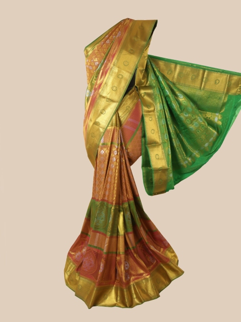 

Pothys Peach & Green Ethnic Motifs Zari Pure Silk Saree