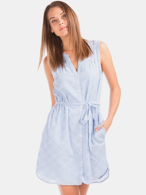 

GAP Blue & White Women Schiffli Embroidered Cotton Shirt Dress with Belt