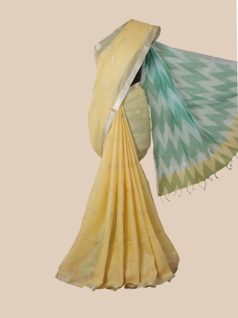 

Pothys Yellow & Green Zari Linen Blend Saree