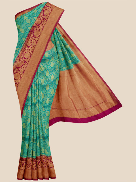 

KLM Fashion Mall Teal & Pink Woven Design Zari Silk Blend Banarasi Saree