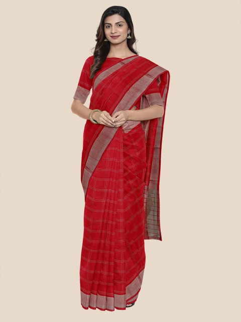 Kalamandir Red Checked Zari Pure Cotton Venkatgiri Saree