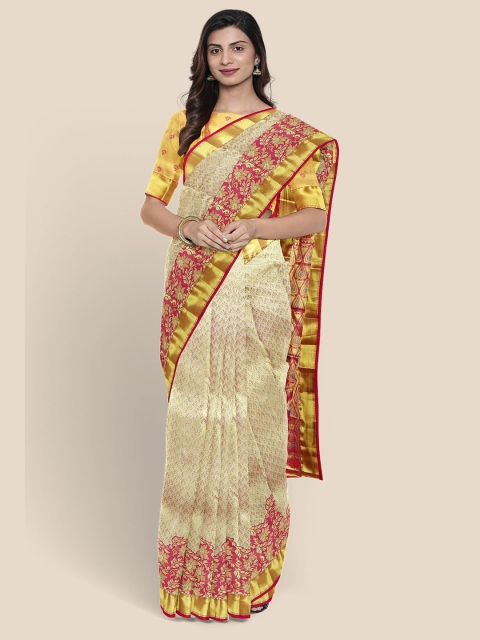 

KLM Fashion Mall Off White & Gold-Toned Woven Design Zari Silk Blend Kanjeevaram Saree