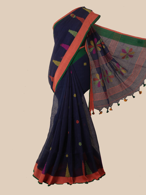 

Pothys Navy Blue & Orange Floral Linen Blend Saree