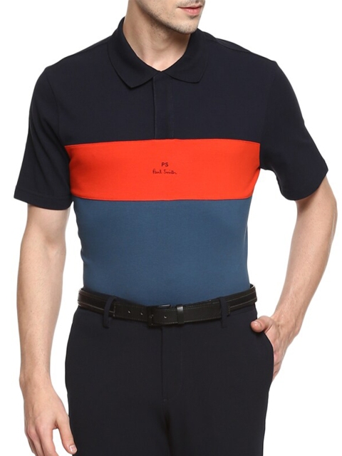 

PS By Paul Smith Men Blue Colourblocked Polo Collar T-shirt