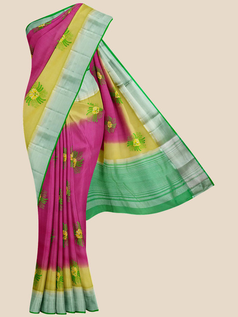 

Kalamandir Pink & Yellow Floral Silk Blend Banarasi Saree