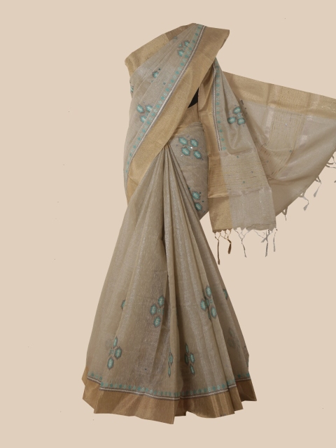 

Pothys Grey & Blue Ethnic Motifs Embroidered Tissue Saree