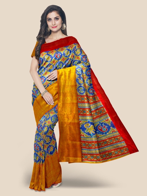 

Kalamandir Blue & Yellow Ethnic Motifs Linen Blend Saree
