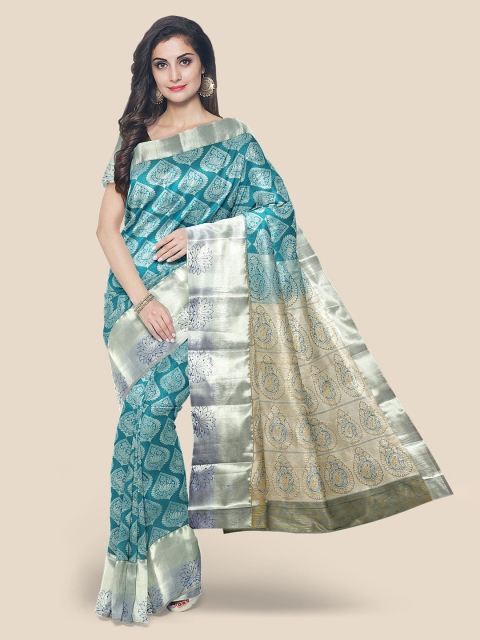

Kalamandir Blue & Silver-Toned Ethnic Motifs Zari Silk Blend Kanjeevaram Saree