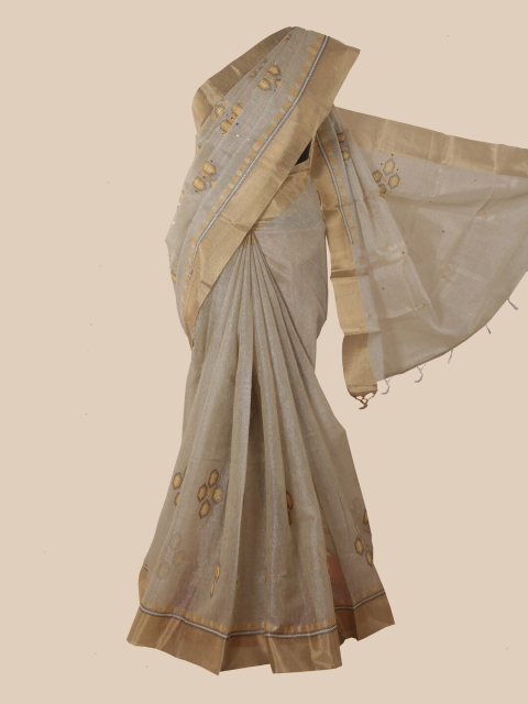 

Pothys Grey & Gold-Toned Floral Tissue Saree