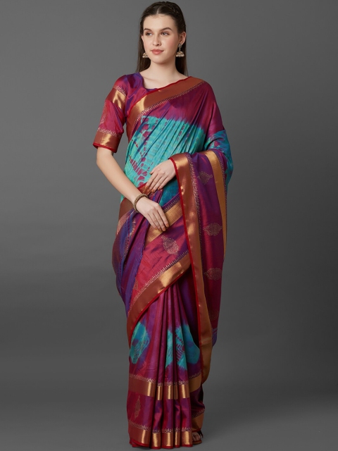 

Mitera Magenta & Turquoise Blue Tie and Dye Zari Silk Blend Banarasi Saree