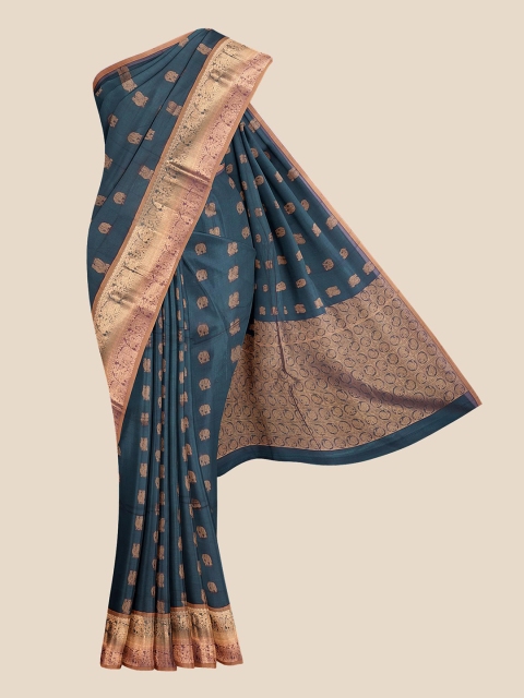 

Kalamandir Teal & Gold-Toned Woven Design Zari Silk Blend Venkatgiri Saree