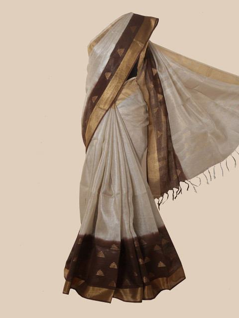 

Pothys Grey & Brown Zari Linen Blend Saree