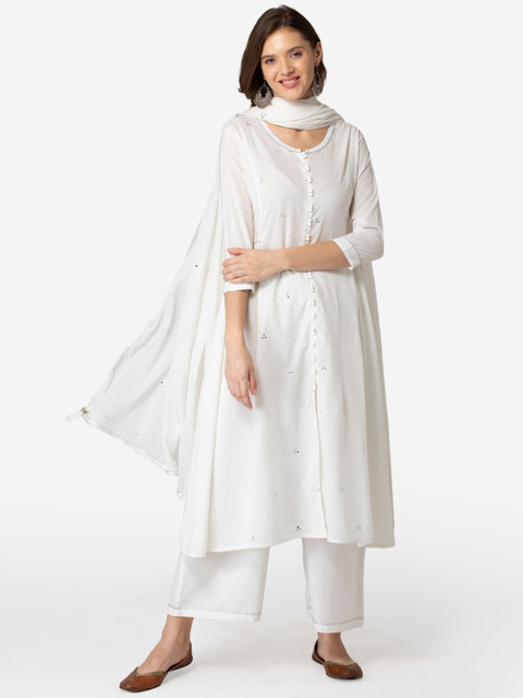 

TARA-C-TARA Women White Ethnic Motifs Embroidered Panelled Pure Cotton Kurta with Trousers & With Dupatta