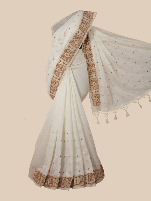 

Pothys White & Brown Floral Embroidered Jute Silk Saree