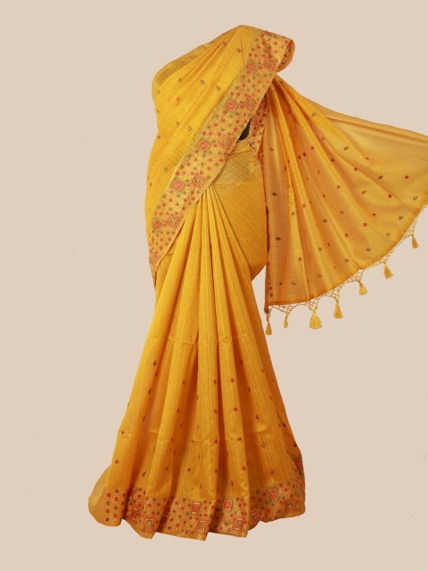 

Pothys Yellow Floral Jute Silk Saree With Tasseled Pallu