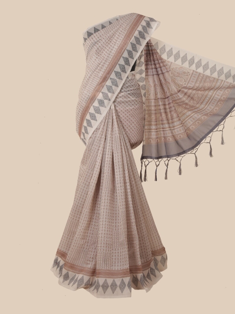 

Pothys Cream & Brown Ethnic Motifs Supernet Saree