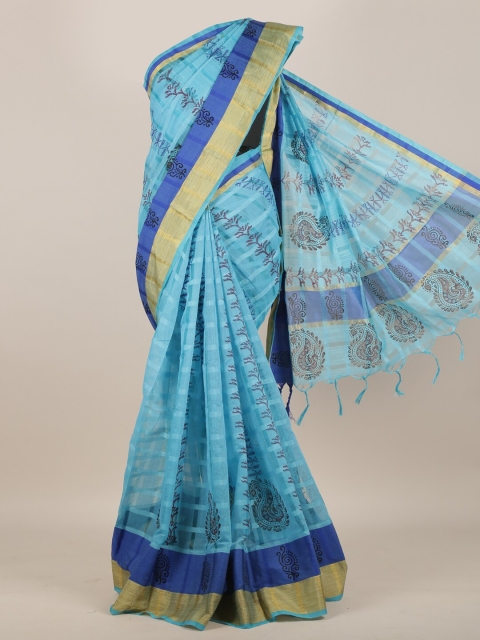 

Pothys Blue & Gold-Toned Paisley Cotton Blend Saree