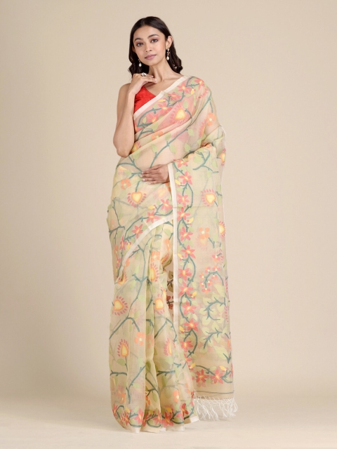 

Mitera Women Beige Floral Pure Muslin Hand Woven Dhakai Jamdani Saree