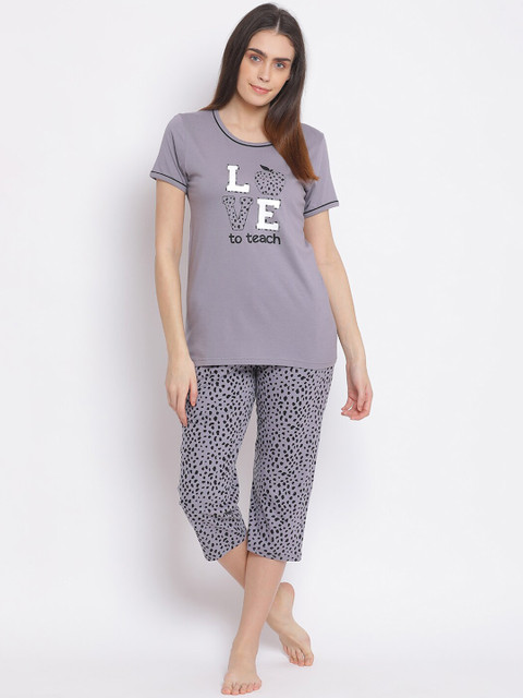 

Kanvin Women Grey & Black Printed Pure Cotton Night Suit