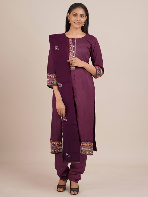 

Pothys Burgundy Embroidered Satin Unstitched Dress Material
