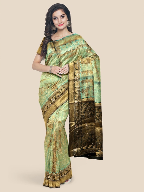 

Kalamandir Sea Green & Brown Floral Zari Silk Blend Heavy Work Banarasi Saree
