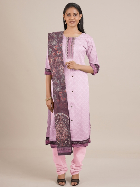 Pothys Lavender & Orange Printed Satin Unstitched Dress Material