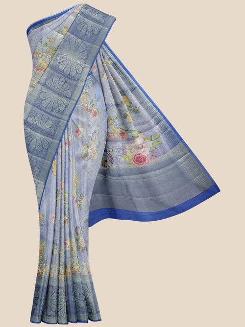 

Kalamandir Blue Floral Zari Silk Blend Banarasi Saree