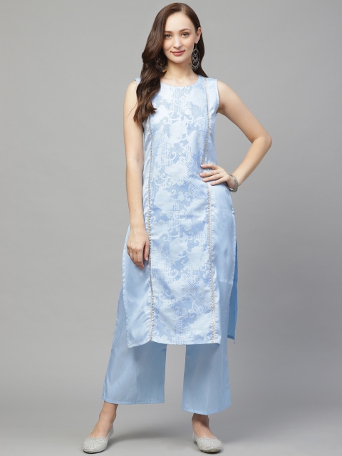 

ZIYAA Women Blue Panelled Foil Printed Art Silk Kurta