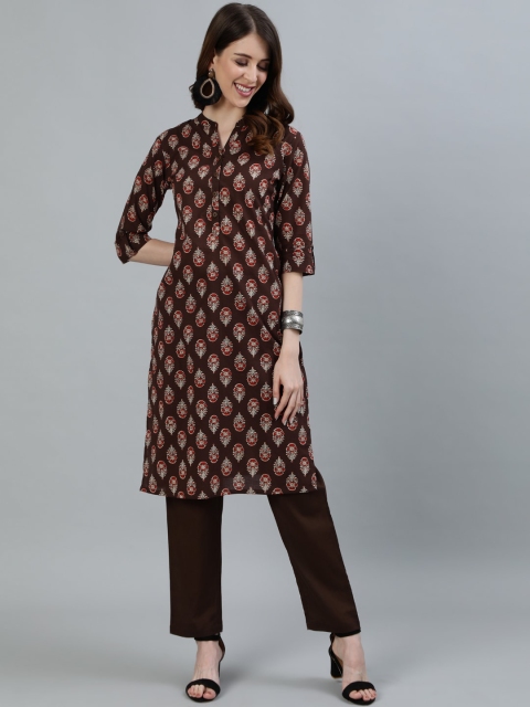 

Ishin Women Brown Floral Printed Pure Cotton Kurta with Trousers