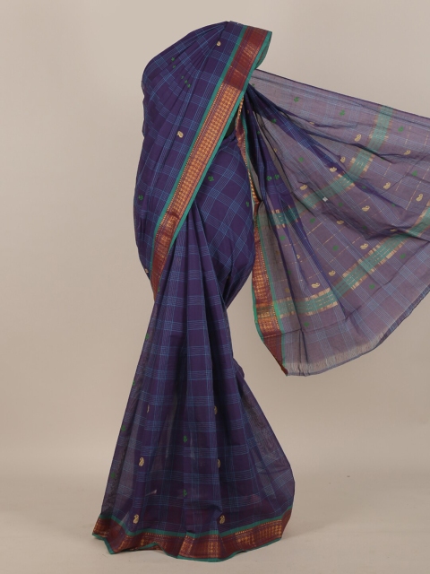 

Pothys Violet & Sea Green Checked Embroidered Pure Cotton Saree