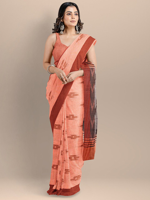 

BharatSthali Orange Woven Design Zari Pure Cotton Ikat Saree
