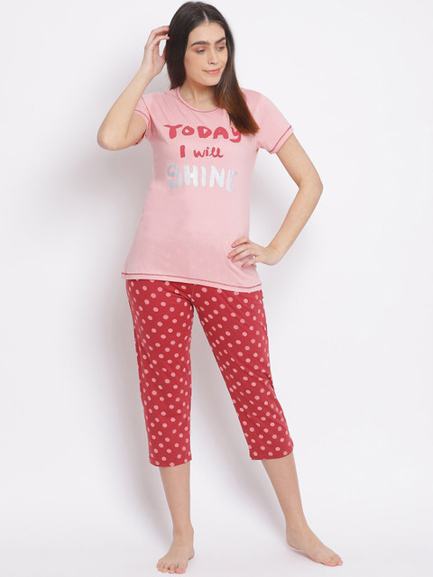 

Kanvin Women Pink & Red Printed Cotton Night suit