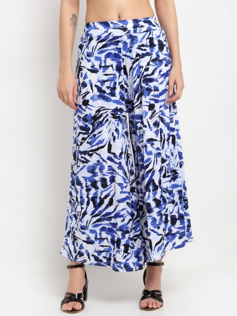 

NEUDIS Women White & Blue Printed Flared Knitted Palazzos