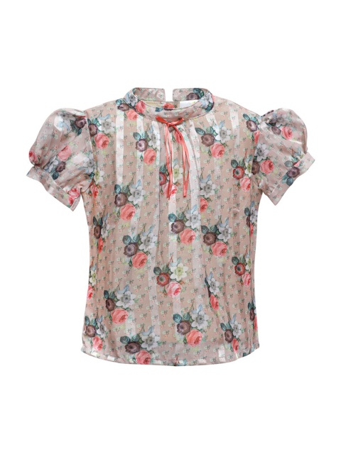 

Daffodils GIRLS WEAR Beige & Coral Floral Printed Puff Sleeve Georgette Top