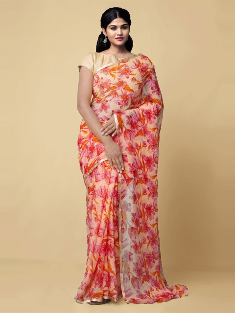

Unnati Silks Orange & Pink Floral Pure Chiffon Bhagalpuri Saree