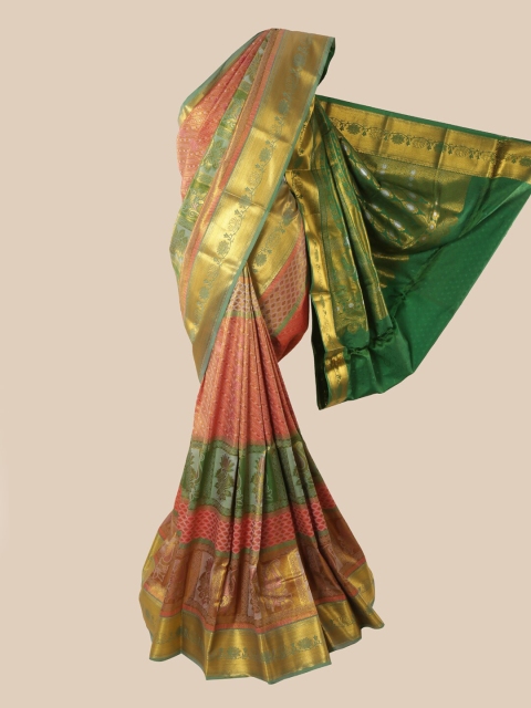 

Pothys Peach & Green Ethnic Motifs Zari Pure Silk Saree