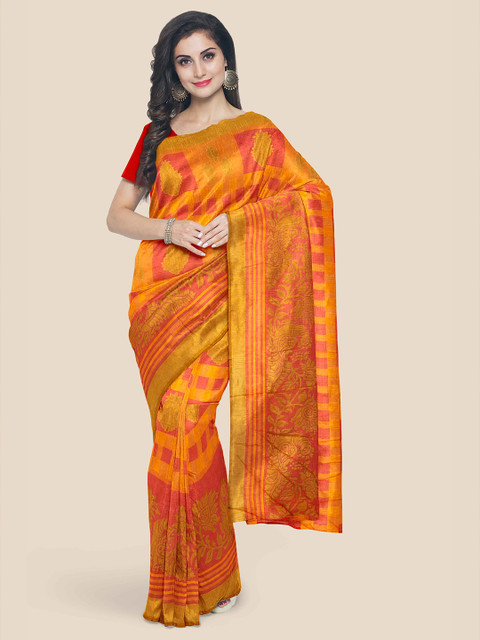 

Kalamandir Red & Yellow Ethnic Motifs Zari Brasso Saree