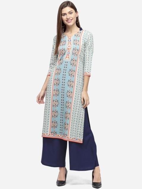 

SANISA Women Blue & Peach-Coloured Digitally Printed Floral Pure Crepe Straight Kurta