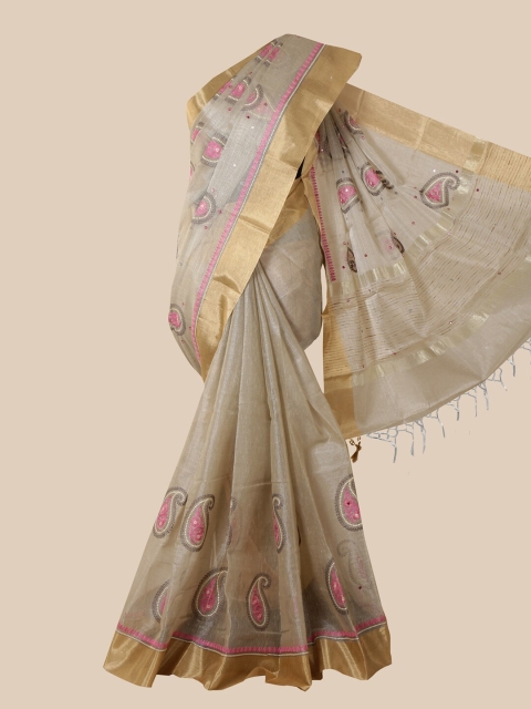 Pothys Grey & Pink Paisley Zari Tissue Saree