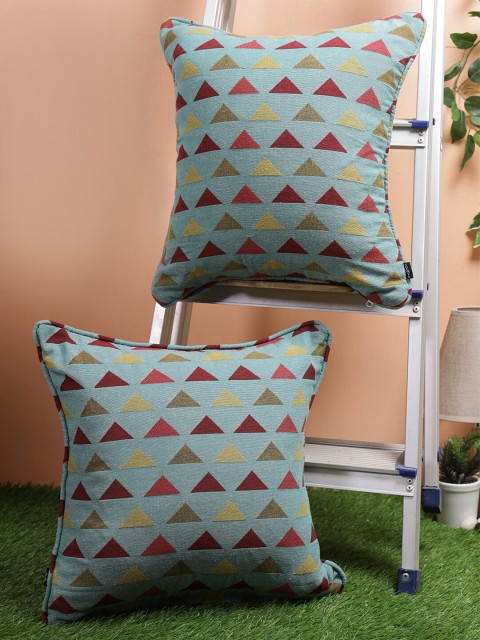 

Soumya Set Of 2 Turquoise Blue & Red Geometric Square Cushion Covers