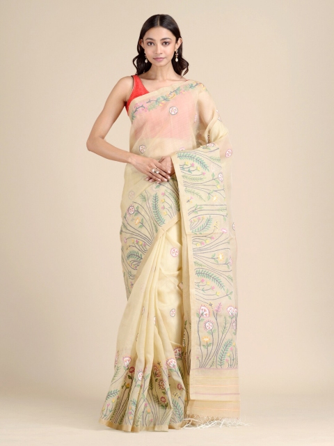 

Mitera Beige & Pink Woven Design Pure Silk Heavy Work Jamdani Saree