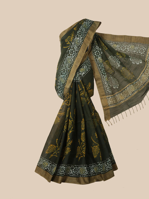 

Pothys Green & Yellow Batik Jute Cotton Saree